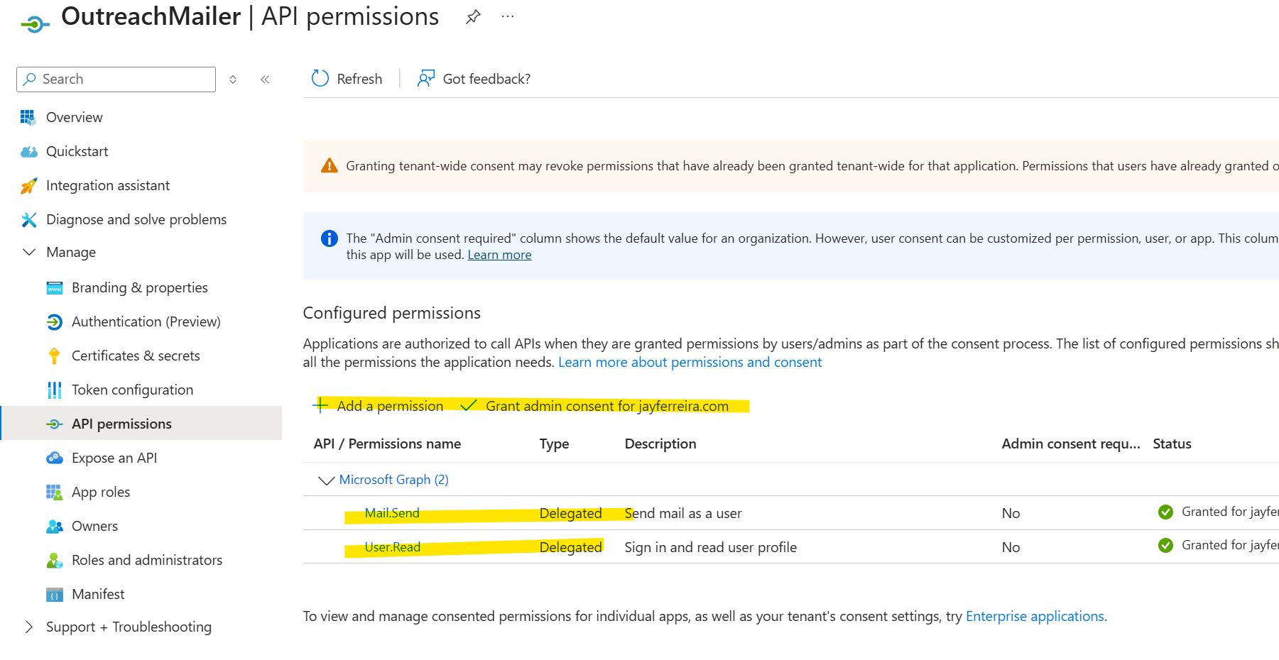 Screenshot of Azure App Registration with Graph delegated permissions granted